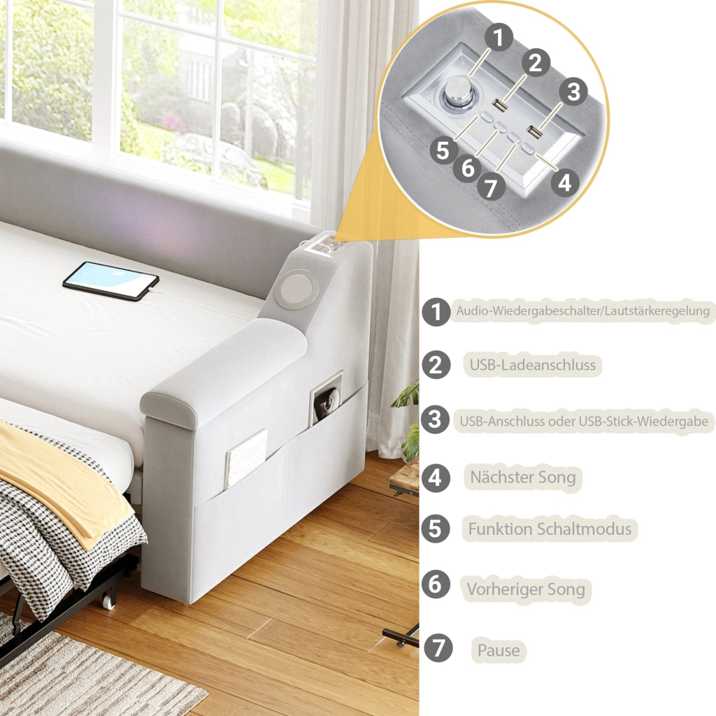LETTO SOFA 90/190 cm Grigio in velluto con armlehnen Bluetooth, USB e ripiani