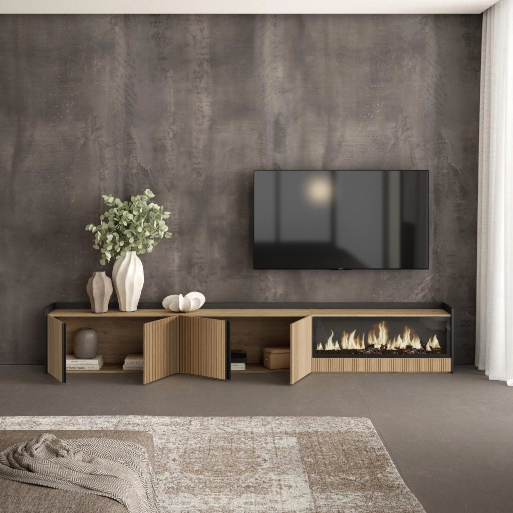 Mobile TV Soggiorno, 315x50x35 cm, Per TV fino a 80", Camino elettrico XXL, Rovere e nero