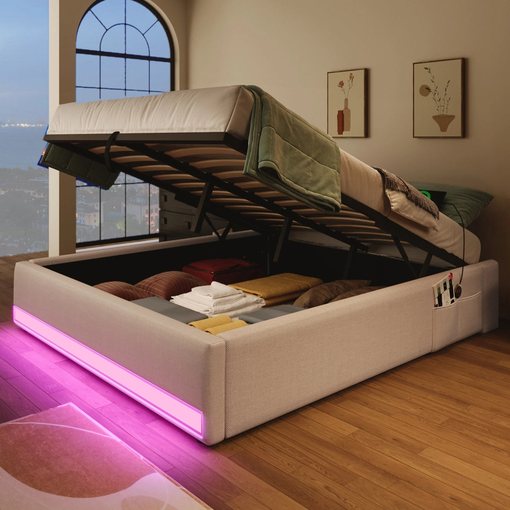LETTO Imbottito 140x200 cm Beige in Lino con LED, USB e Type-C