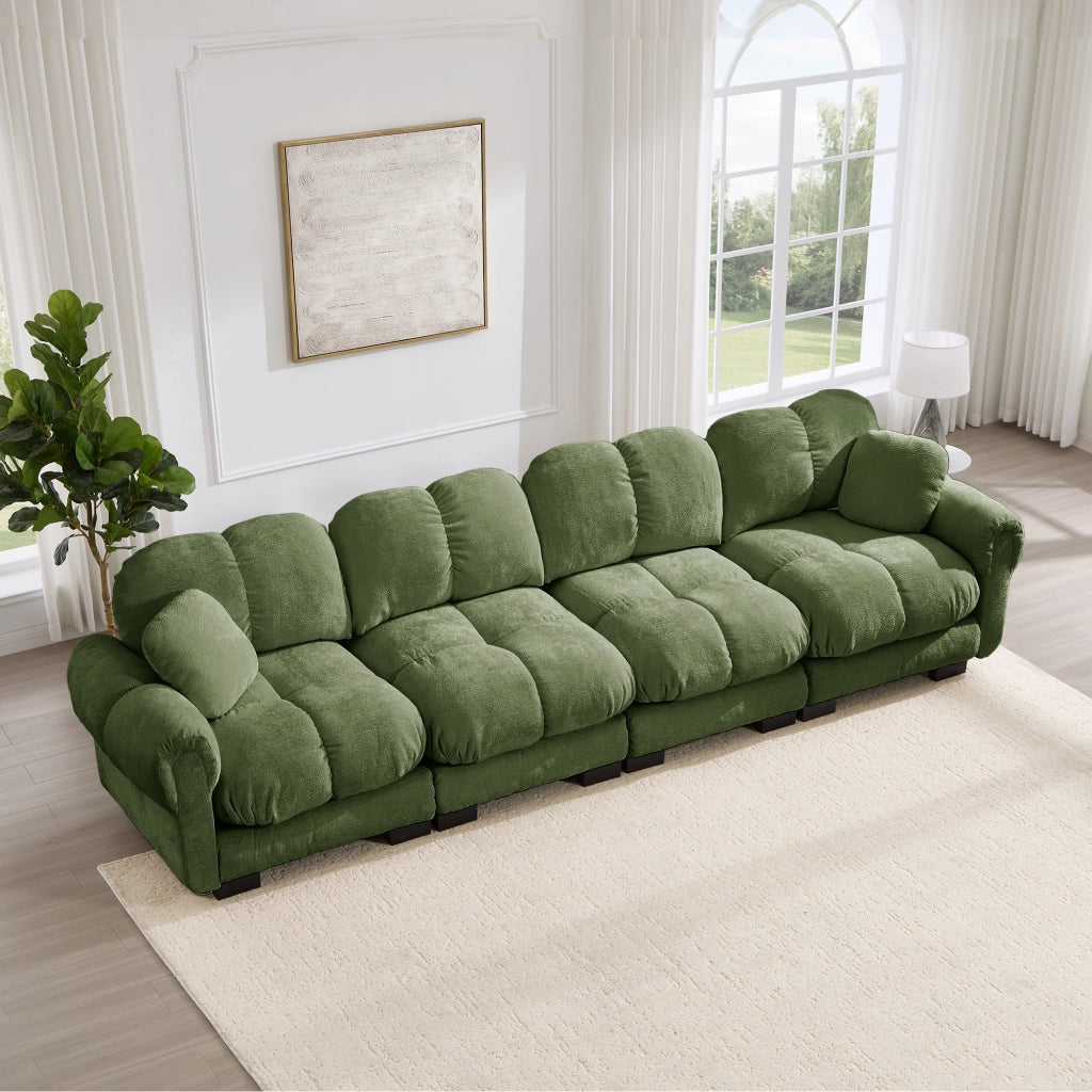 Divano modulare con cuscini trapuntati e cuscino piccolo, in Chenille, Verde 330 × 86 × 90 cm