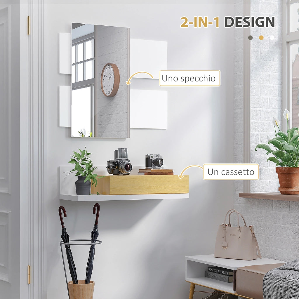 Set di Mobili da Ingresso con Specchio e Cassetto, Arredamento Moderno in Legno con Specchiera 40x70cm, Fissaggio a Muro