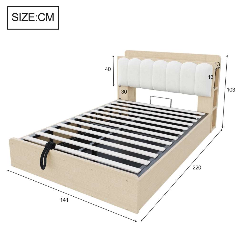DESMIU Letto contenitore 140 × 200 cm 2 posti con USB, luce e vani, senza materasso, legno naturale