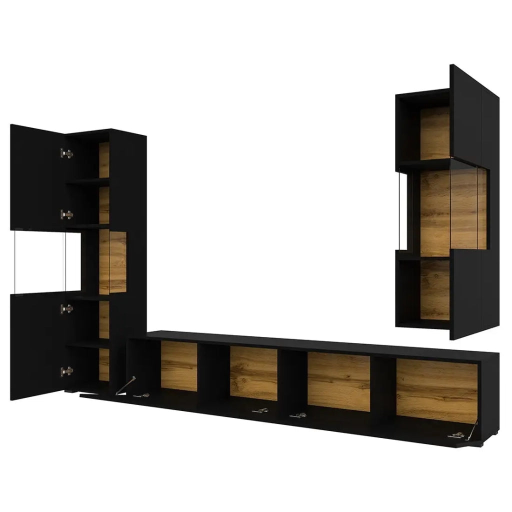 Set di 3 mobili da soggiorno collezione EVA. Colore nero e rovere.