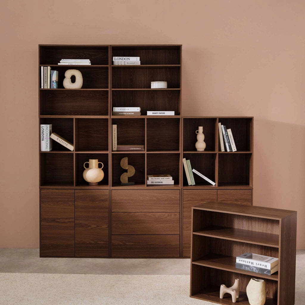 Libreria modulabile decorazione legno 9 elementi, noce