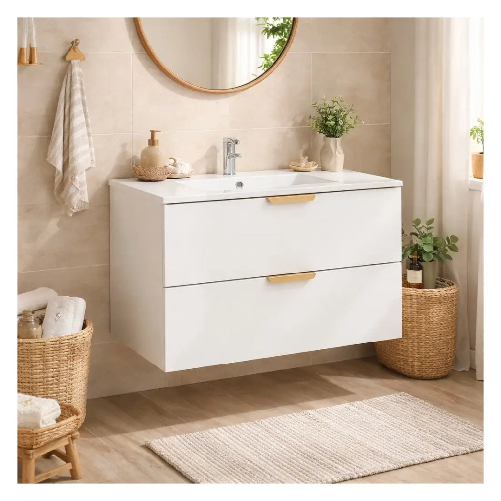 Set da bagno sospeso OSTER 80cm: mobile sotto lavabo con cassetti bianco + lavabo incassato bianco