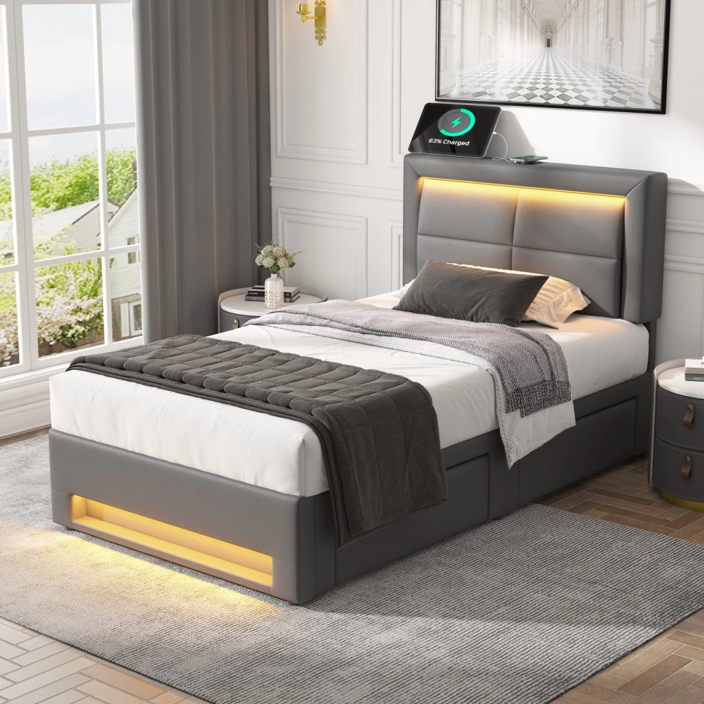 LETTO Polsterbett 90x200 cm con USB, LED e 4 cassetti, grigio