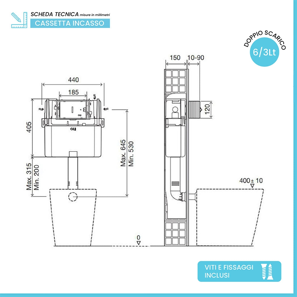 Cassetta wc incasso sottofinestra Oli Expert Plus con sistema a doppio scarico 6/3 litri