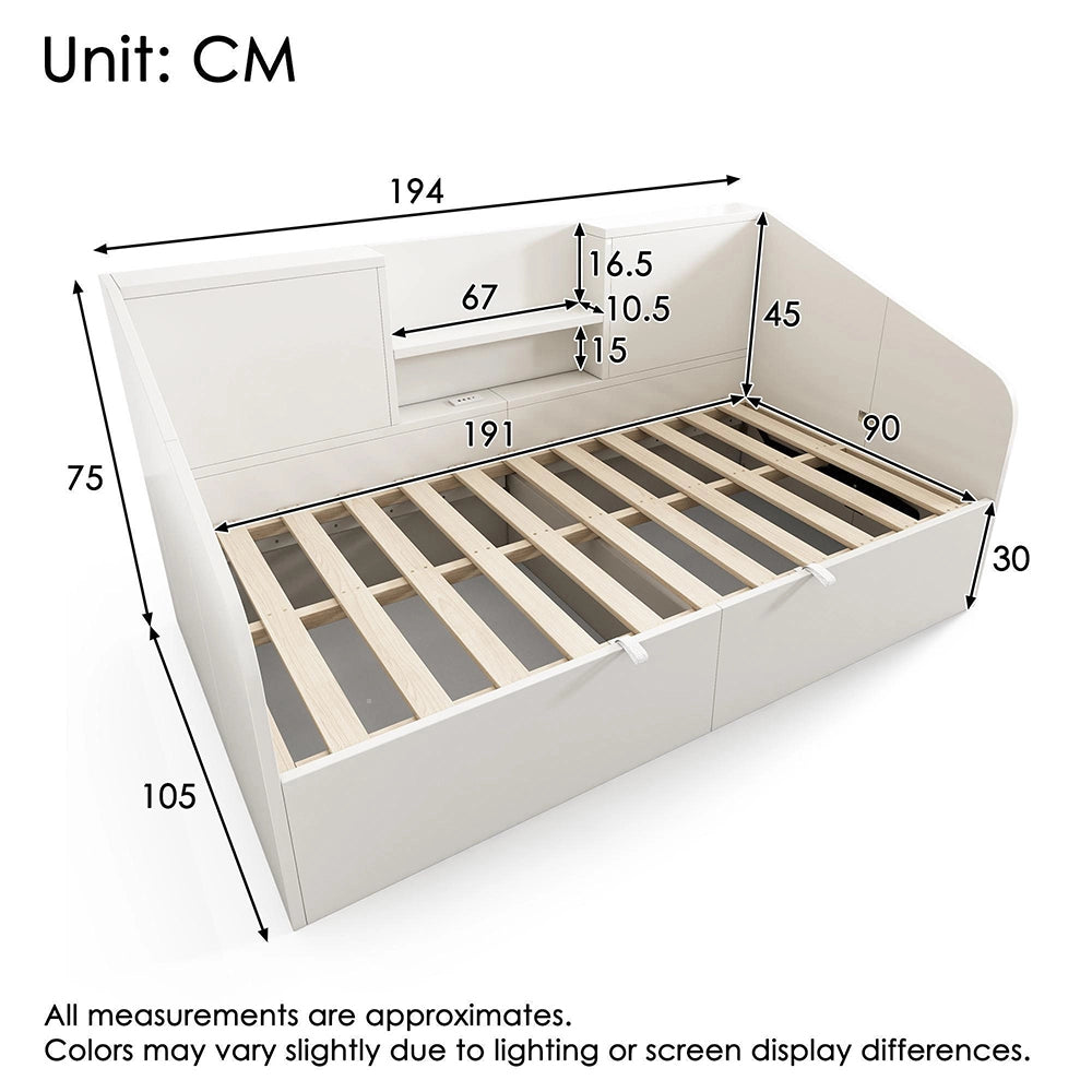 Letto giorno-Xylo-90x190cm legno 2 ripiani USB idraulico bianco senza materasso