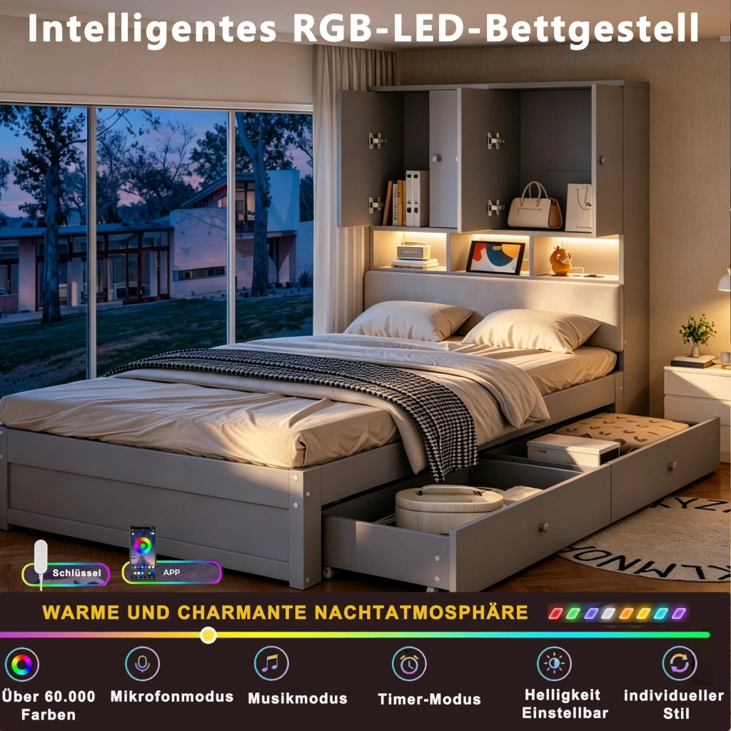 Letto singolo per bambini 90x200 cm con testiera imbottita; vani; LED; presa elettrica; cassetto e rete; legno grigio