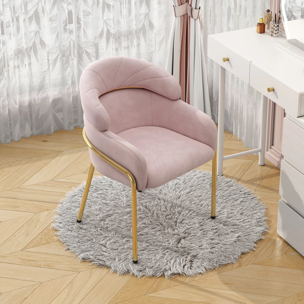 Sedia da pranzo singola con schienale ergonomico in velluto; 4 gambe in metallo; per soggiorno e camera; rosa