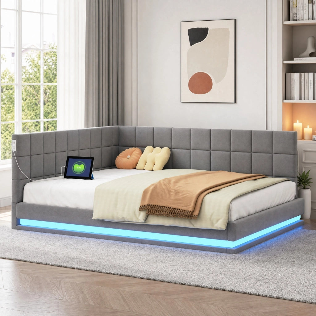 LETTO DIVANO Imbottito 140x200 cm Grigio in Lino con LED e USB