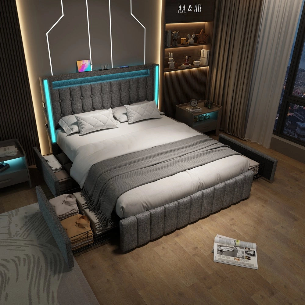 Letto Imbottito con LED, USB e 4 Cassetti ¨C MINIMAL ¨C Grigio 160x200 cm