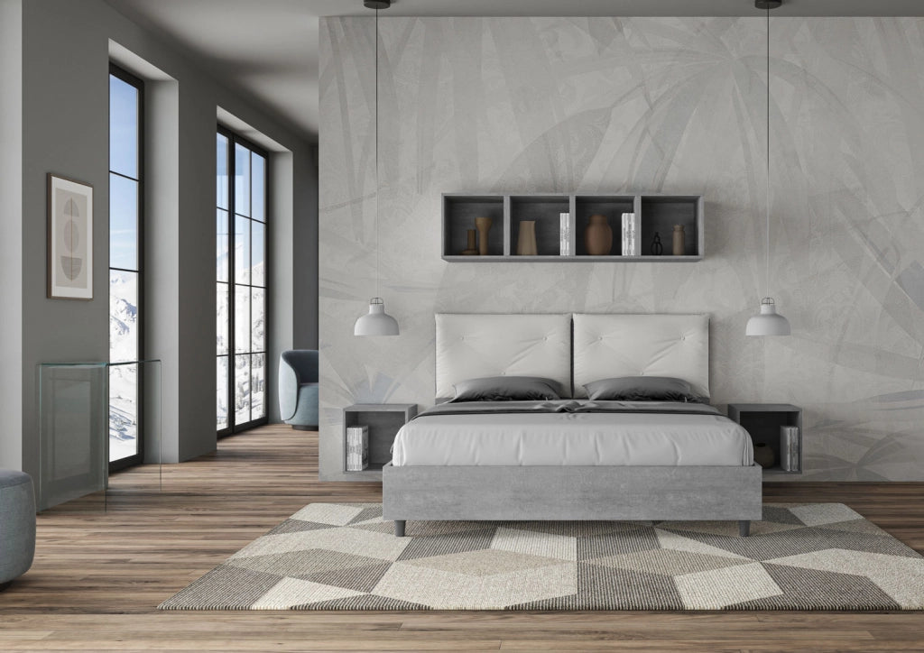 BS COM Letto matrimoniale contenitore 160x200 Cemento cuscini similpelle bianco