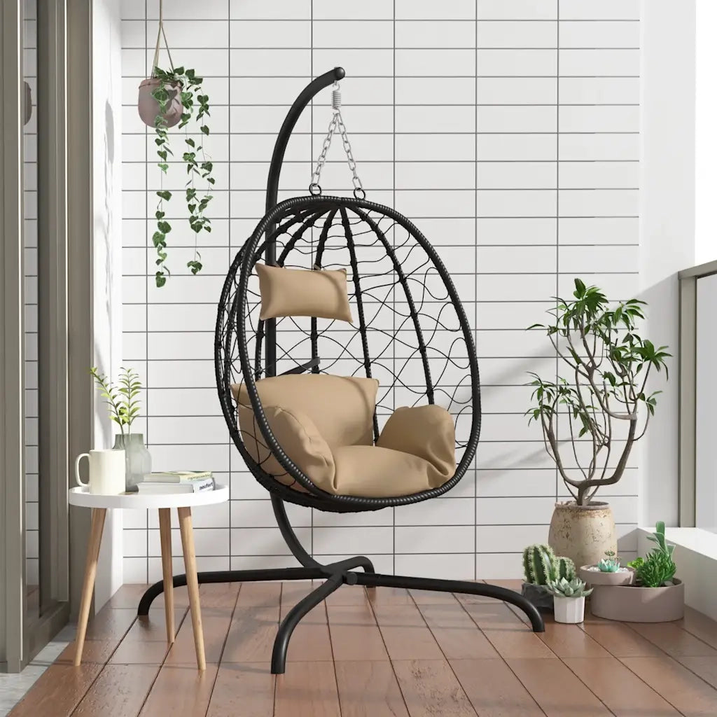 Poltrona sospesa a uovo con cuscino in polyrattan e acciaio color tortora 360047