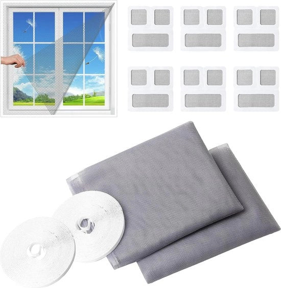 Schermi per insetti invisibili - Grigio Ramen - Rete per zanzare - 130 x 150 cm - Insetti reticolo - 6 pezzi di rete per insetti - Riparazione delle finestre - 2 rotoli di spago