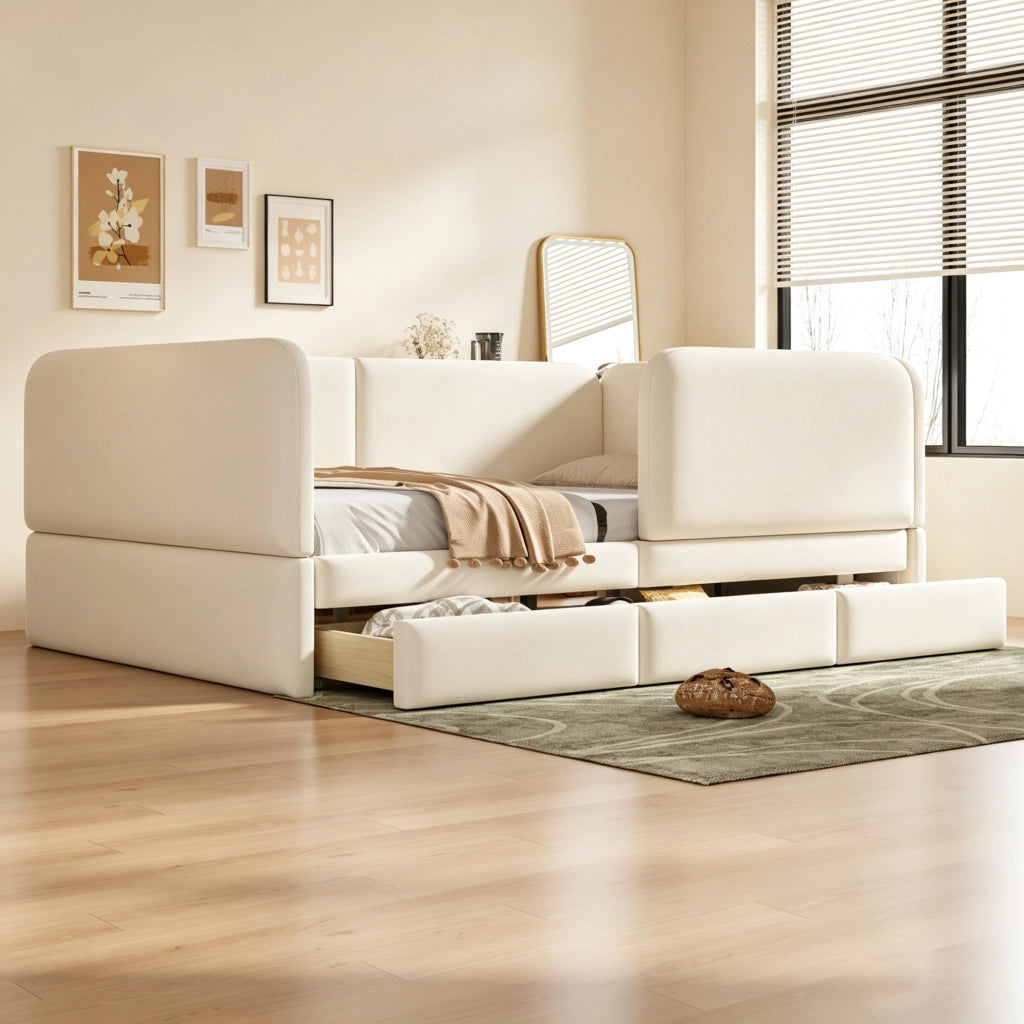 Letto imbottito per bambini 140x200 cm con bordo di sicurezza; angoli arrotondati e cassetto; velluto beige