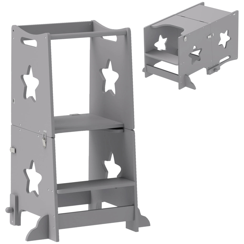 Scala Montessori Convertibile in Set Tavolo e Sedie con Barra di Sicurezza, in Legno, 60x44.5x86 cm, Grigio