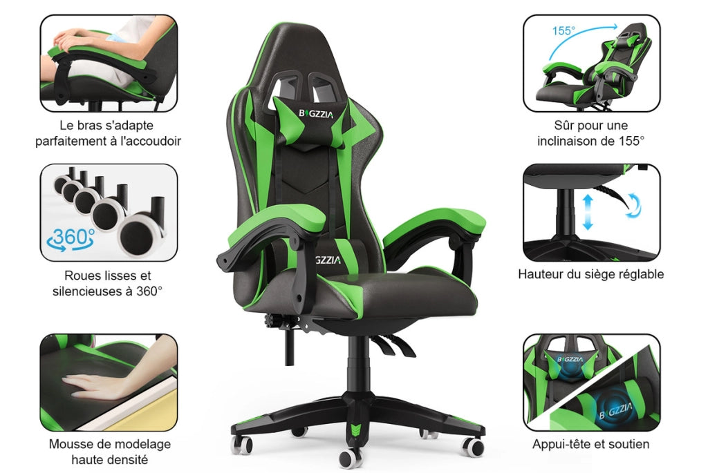 Sedia da gioco,  Sedia da gioco ergonomica, altezza regolabile, schienale reclinabile, braccioli e poggiatesta, nero-verde
