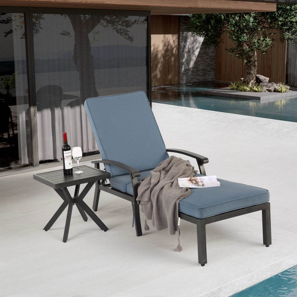 Sedia da patio regolabile - Zephmum- Cuscino in cotone blu impermeabile