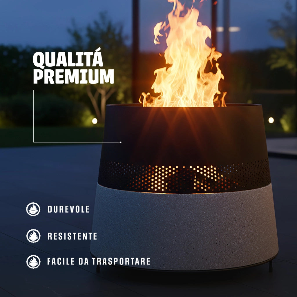 Braciere da Esterno a Legna in MGO e Ferro Verniciato a Polvere, Fire Pit Rotondo con Base Effetto Pietra, Resistente alla Ruggine e al Calore, 56,5 cm