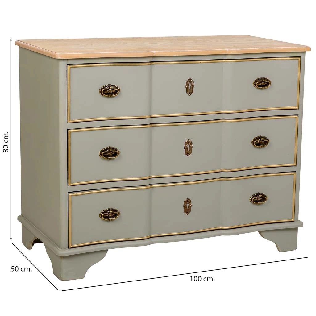 Cassettiera antica in legno laccato verde, 3 cassetti 100x50x80