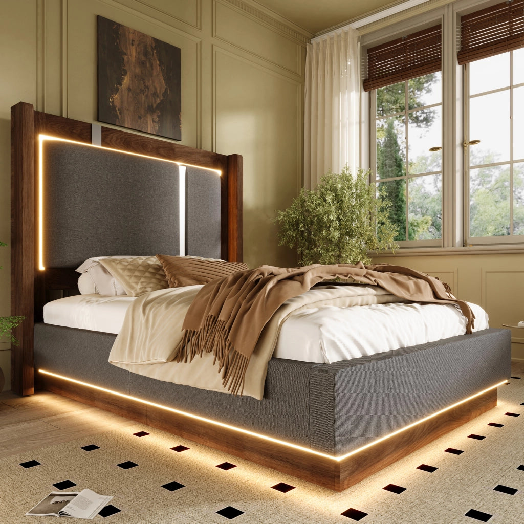 LETTO 90x200 cm con LED, contenitore, lino grigio e noce