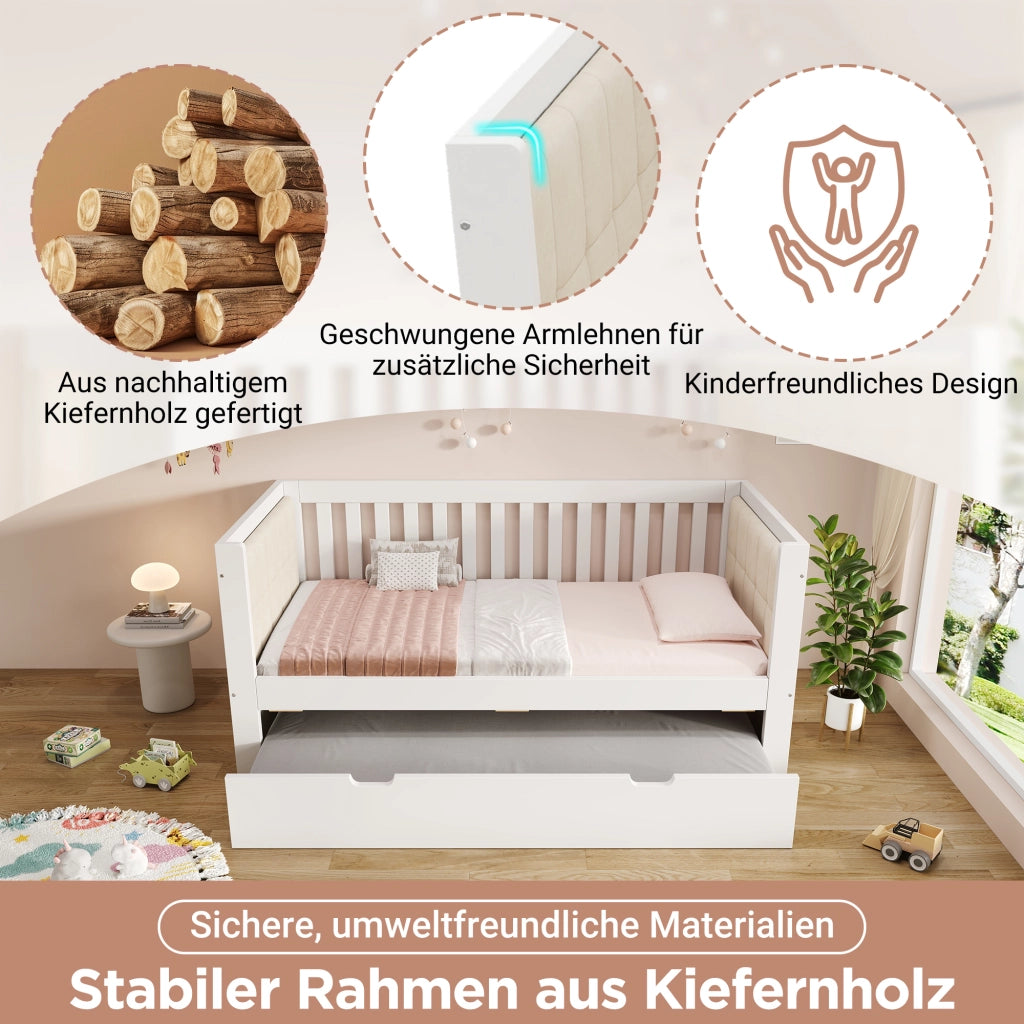 DESMIU Divano letto 90 × 200 cm e 90 × 190 cm 1 posto con letto estraibile, senza materasso, in legno, bianco