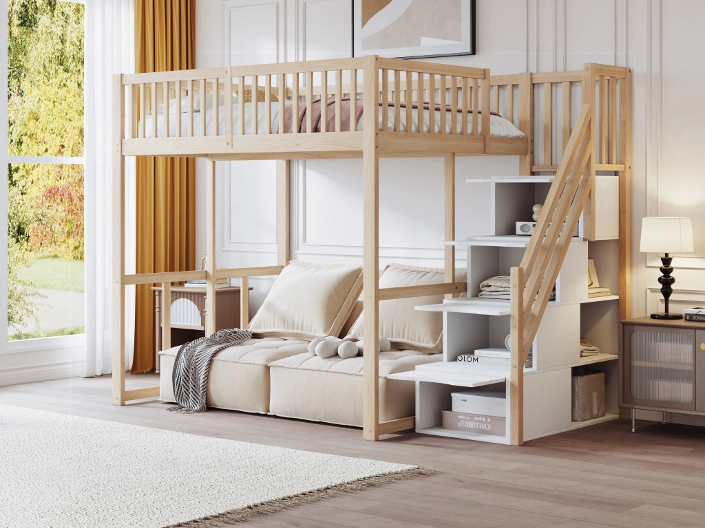 Letto a soppalco in pino massello con scala contenitore di sicurezza e recinzione; colore legno; 140x200 cm; senza materasso