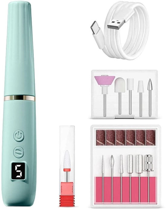 Drill per Unghie Pocket Edition - 18000 giri al minuto - 12 Bit e 6 Rulli di Abrasivo - 5 Velocità - Senza Fili e Ricaricabile - Set di Manicure e Pedicure - Rimuovitore di Calli - Drilling per Unghie - Borso per Unghie - Set di Manicure Portatile - Verde