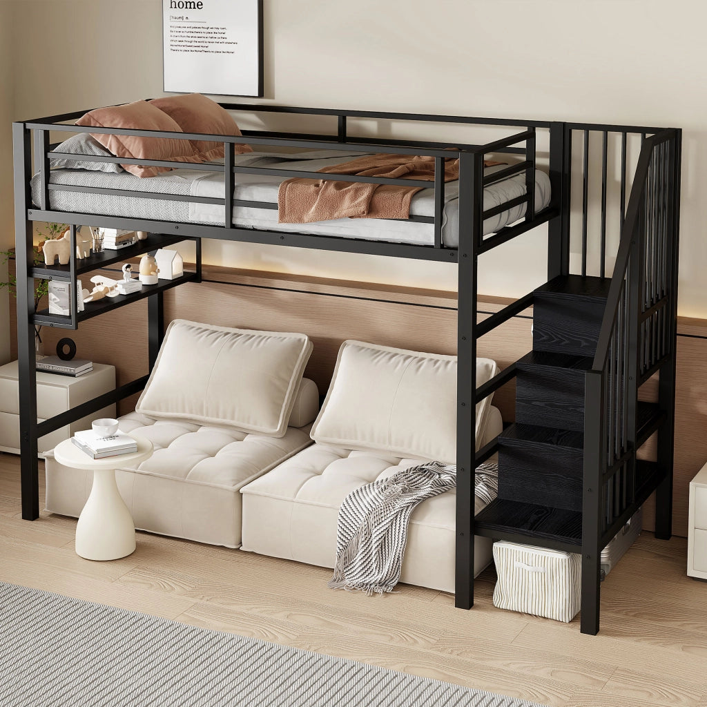 LETTO A SOPPALCO 90x200 cm con ripiani e scala contenitore, nero
