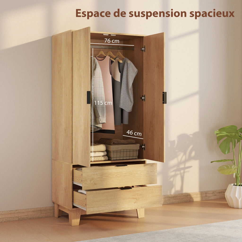 Armadio 2 ante scorrevoli ¨C Xylo ¨C 2 cassetti, barra appendiabiti, legno naturale, 80x50x180cm