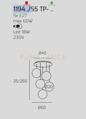 SOSP. BIANCO 5 LUCI TONDO VETRI PICCOLI (2 BRONZO+3 FUME') 1194BI-S5 TP-FB