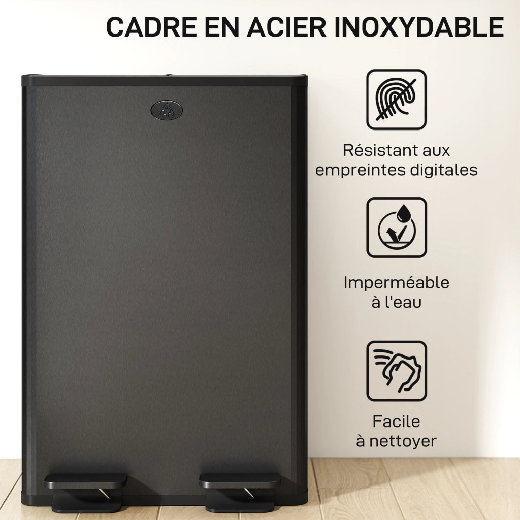Pattumiera da Cucina 2 Scomparti ¨C Xylo ¨C 2x28L Acciaio Inox Nero Coperchio Soft-Close 45,8x36x67,6cm