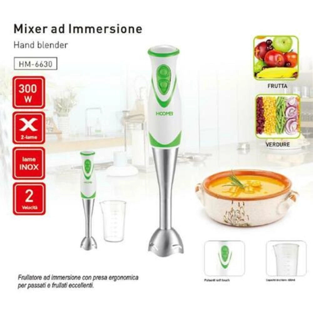 Trade Shop - Mixer Ad Immersione Multifunzione 300 Watt 2 Velocita' Cucina Hoomei Hm-6630 -