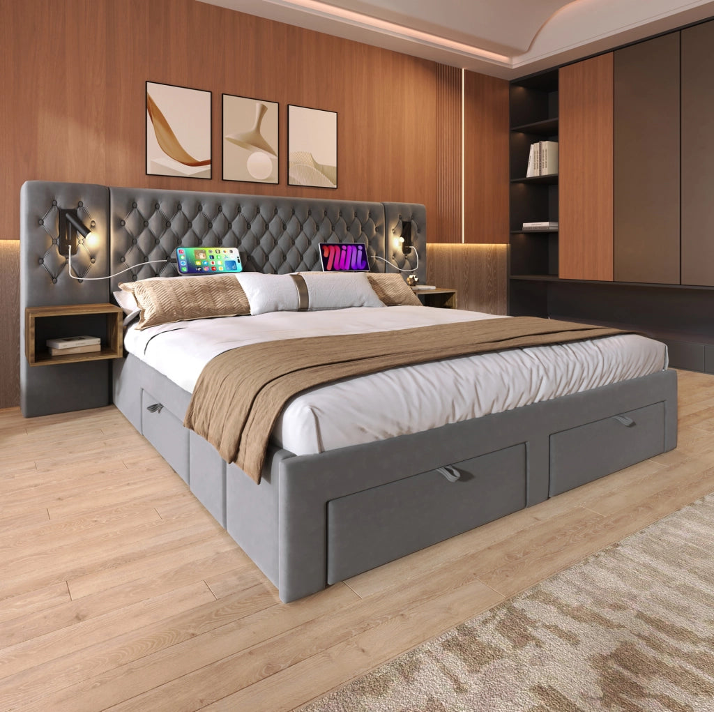 Letto matrimoniale 180x200 cm con comodini, 4 cassetti, luci LED e porte USB/Type-C