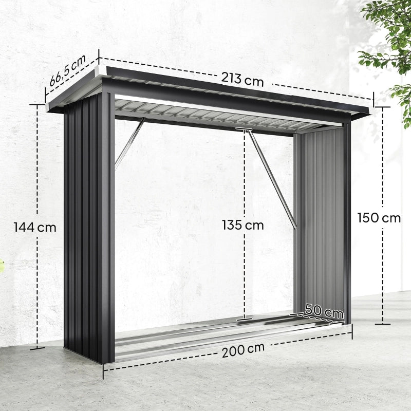 Legnaia, riparo per legna da ardere, acciaio, pavimento rialzato, tetto spiovente, 213 x 66,5 x 150 cm, grigio scuro