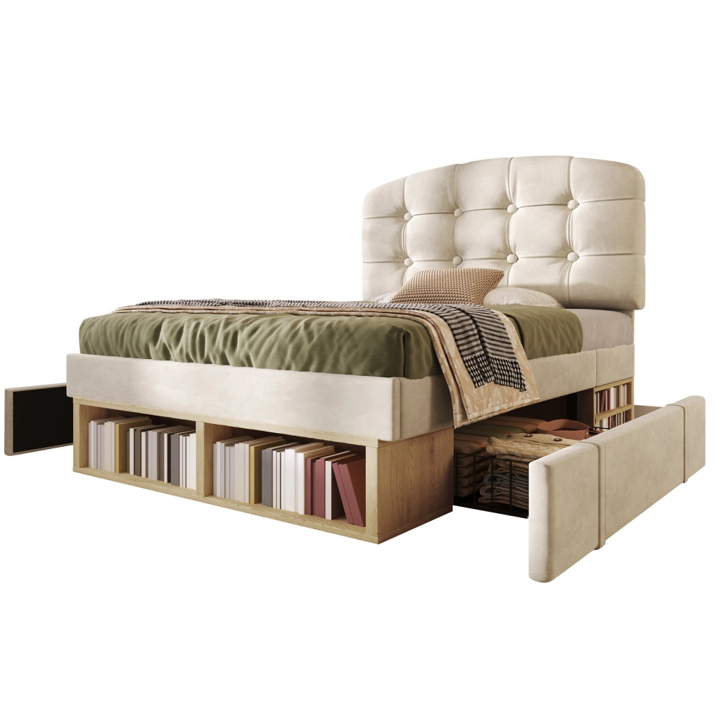 Letto Singolo Imbottito con Cassetti ¨C MINIMAL ¨C Velluto Beige, Testiera Regolabile, 90x200