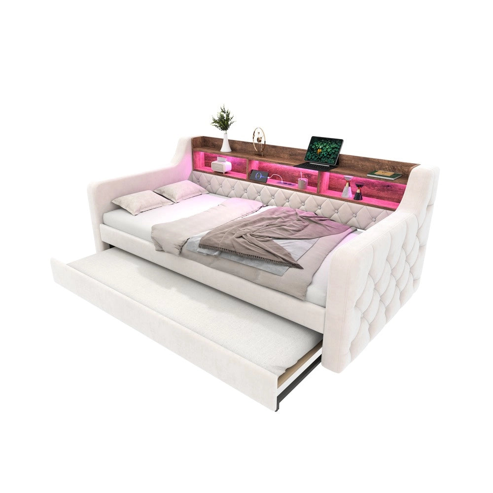 Divano Letto 90x190 in Velluto con Contenitore, LED e Struttura Metallo ¨C Xylo ¨C Beige