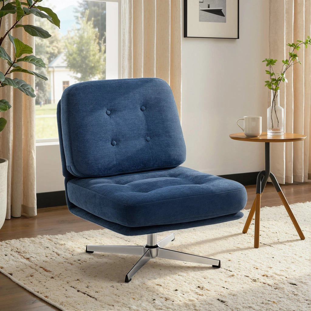 Sedia Girevole da Soggiorno in Tessuto e Metallo ¨C Minimal ¨C Blu Scuro 70x87x84 cm