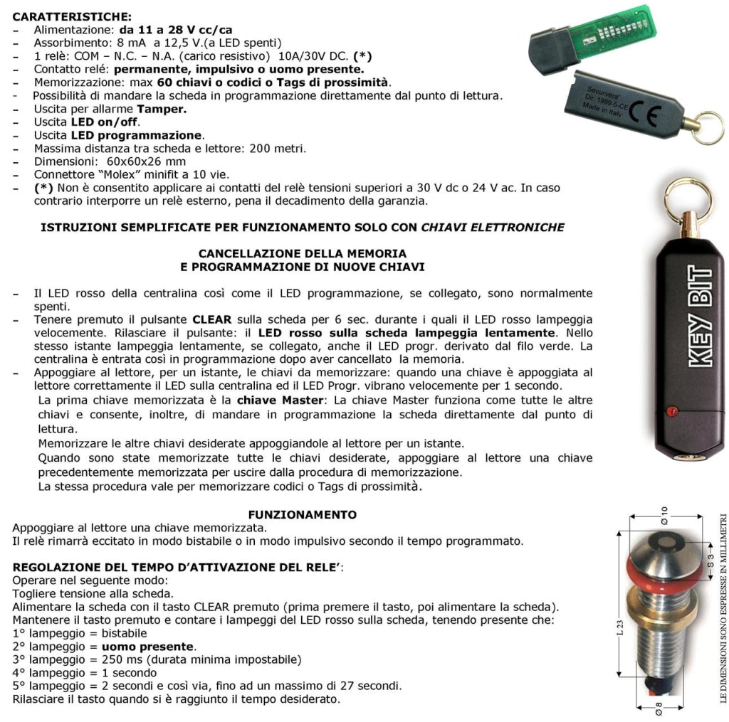 Dallas 3 Chiave Elettronica Contatto Dorato Sfioramento 64 Bit KeyBit Codice Sicurezza Denver Univoco su 3 Miliardi di Combinazioni Binarie Led Rosso Conferma Attivazione Ricambio o Aggiunta Antifurto