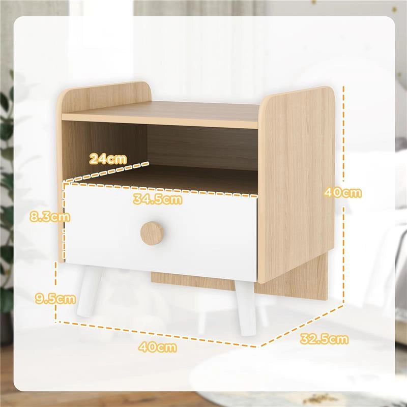 COMODINO CON CASSETTO PER BAMBINI 3-10 ANNI IN LEGNO E LEGNO DI PINO, 40X32.5X40 CM, BIANCO