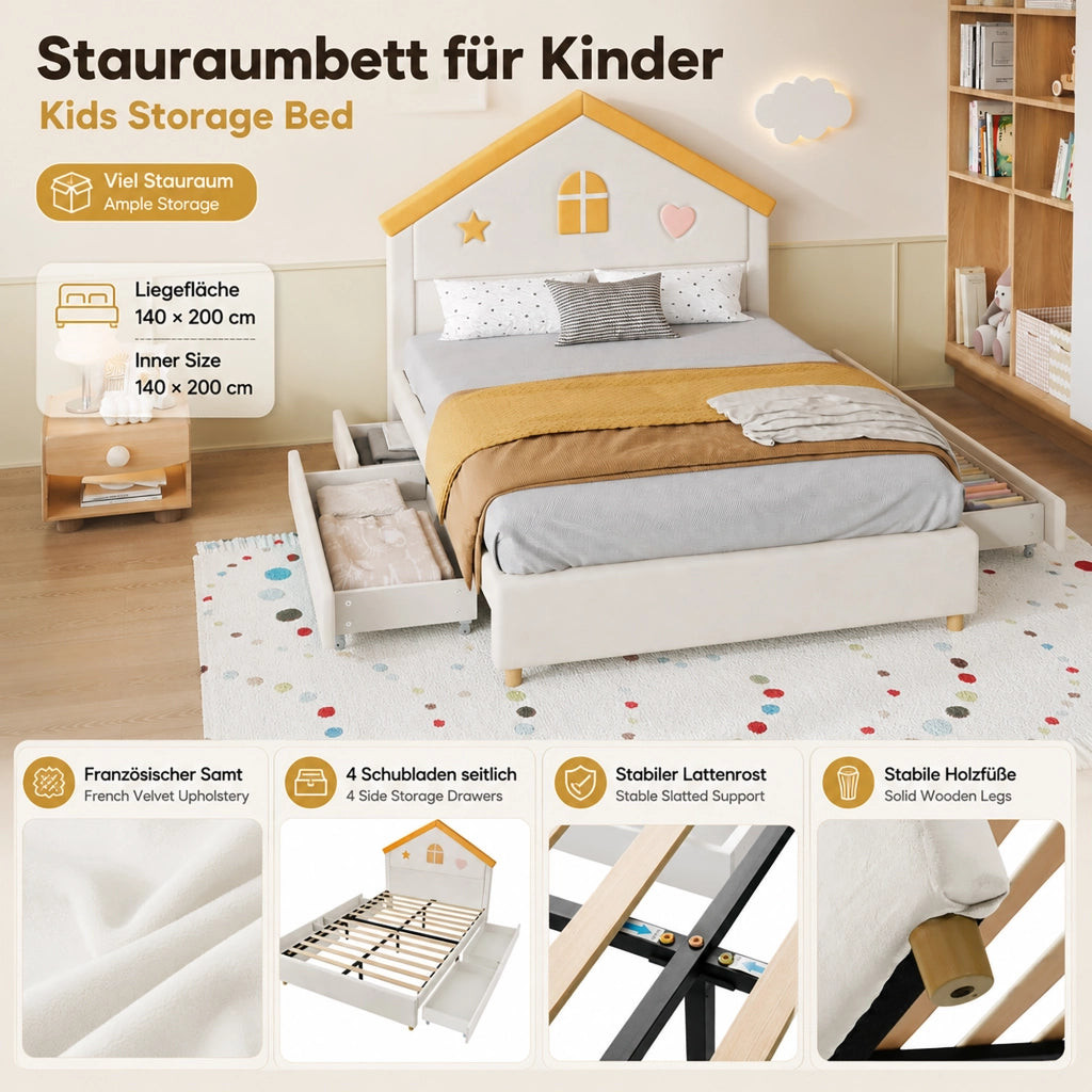 letto per bambini velluto beige 140 x 200 cm