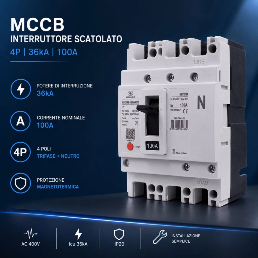 Interruttore Scatolato MCCB 4P 100A/125A 36kA, Magnetotermico Trifase AC 400V (100A)