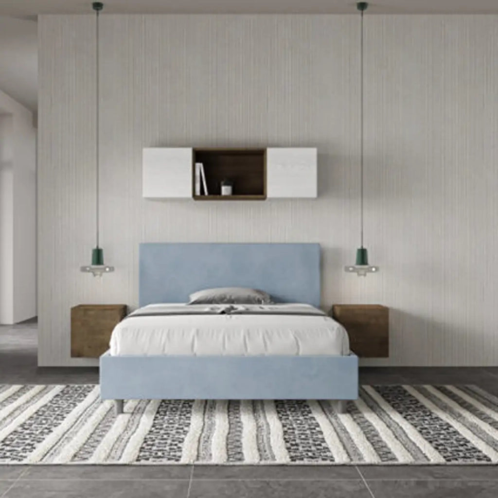 Letto matrimoniale francese con rete imbottito 140x190 microfibra azzurro Adele