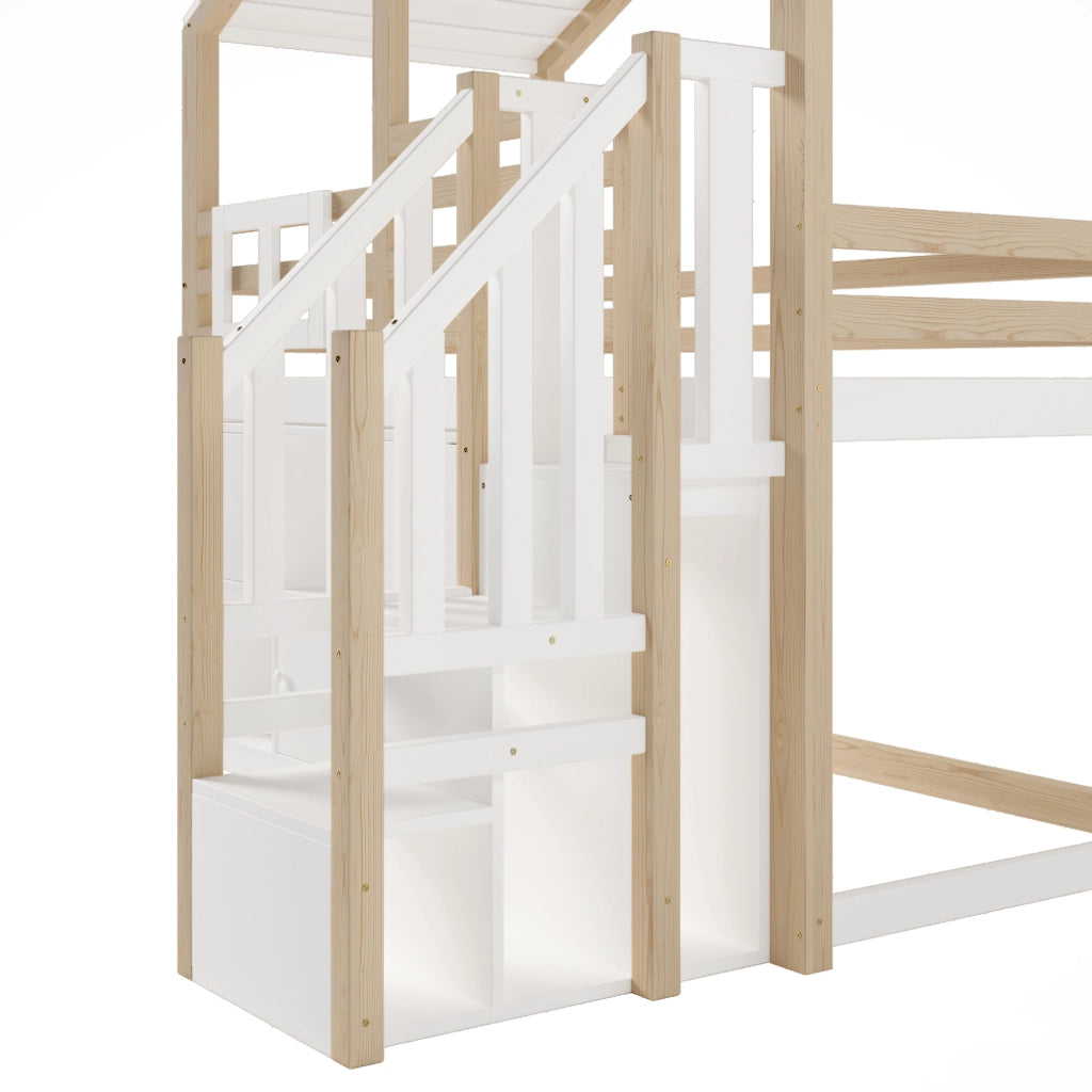 DESMIU Letto a soppalco Letto singolo 1 posto con barriera, contenitori, scala contenitore e finestra 90 × 200 cm, senza materasso