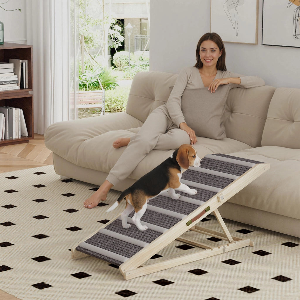 Rampa per Cani Pieghevole Regolabile in Altezza 41-60 cm con Tappetino Antiscivolo ¨C Minimal ¨C Legno