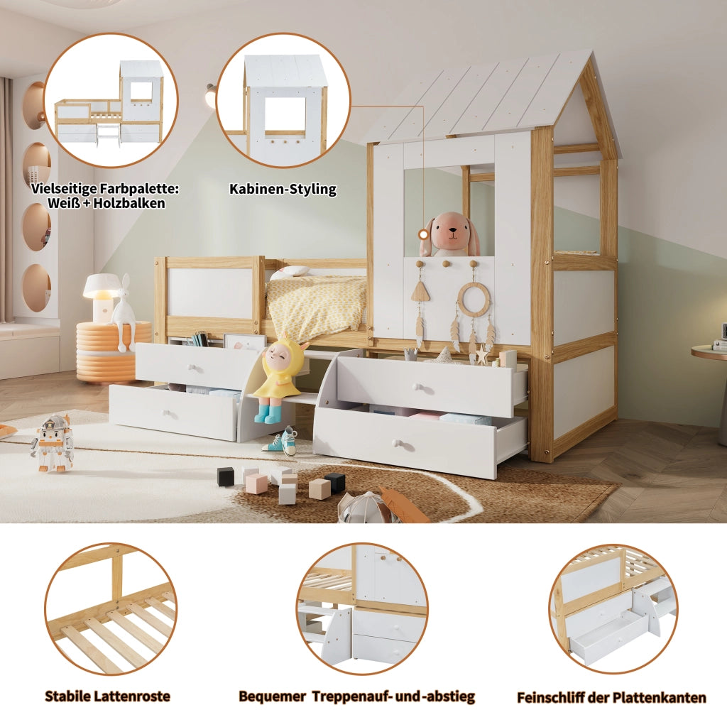 OKWISH Letto a Casetta 90×200 cm, Letto Singolo con 4 Cassetti, Scaletta e Spondine, senza Materasso, in Legno, Bianco e Naturale