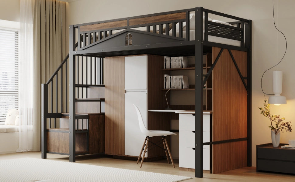 Letto a soppalco in metallo con scala contenitore; protezione a finestra e spazio sotto il letto; nero; 90x200 cm; senza materasso