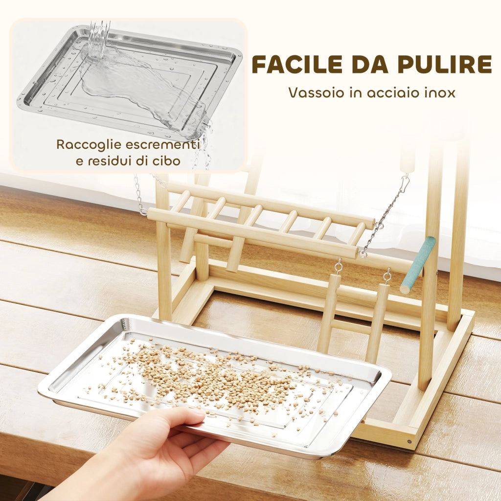 Trespolo per Pappagalli 48x38x95 cm con Giochi Vassoio Rimovibile e Posatoi in Legno Naturale