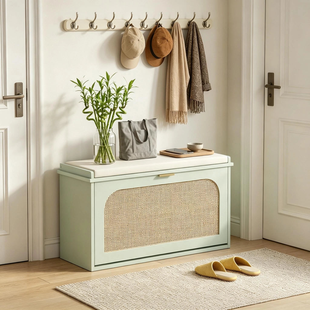 Scarpiera con vano contenitore e cuscino, 8 paia, tessuto effetto lino e MDF, verde e beige
